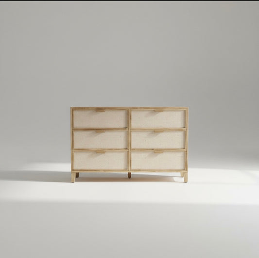 Comoda Aparador De Madera Y Fibras Naturales 6 Cajones