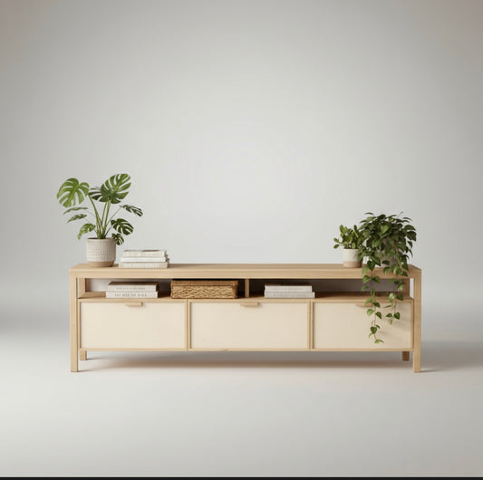 Mueble Rack para TV en Madera Álamo Macizo Fibra Natural