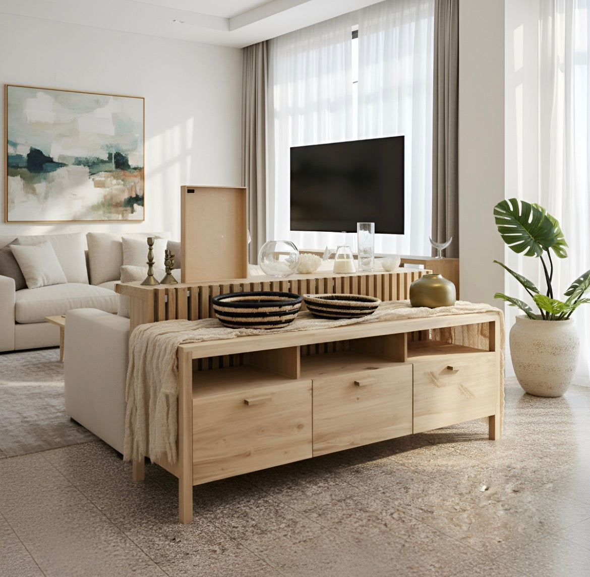 Rack Tv Mueble Nordico De Madera Maciza 2 y 3 Cajones