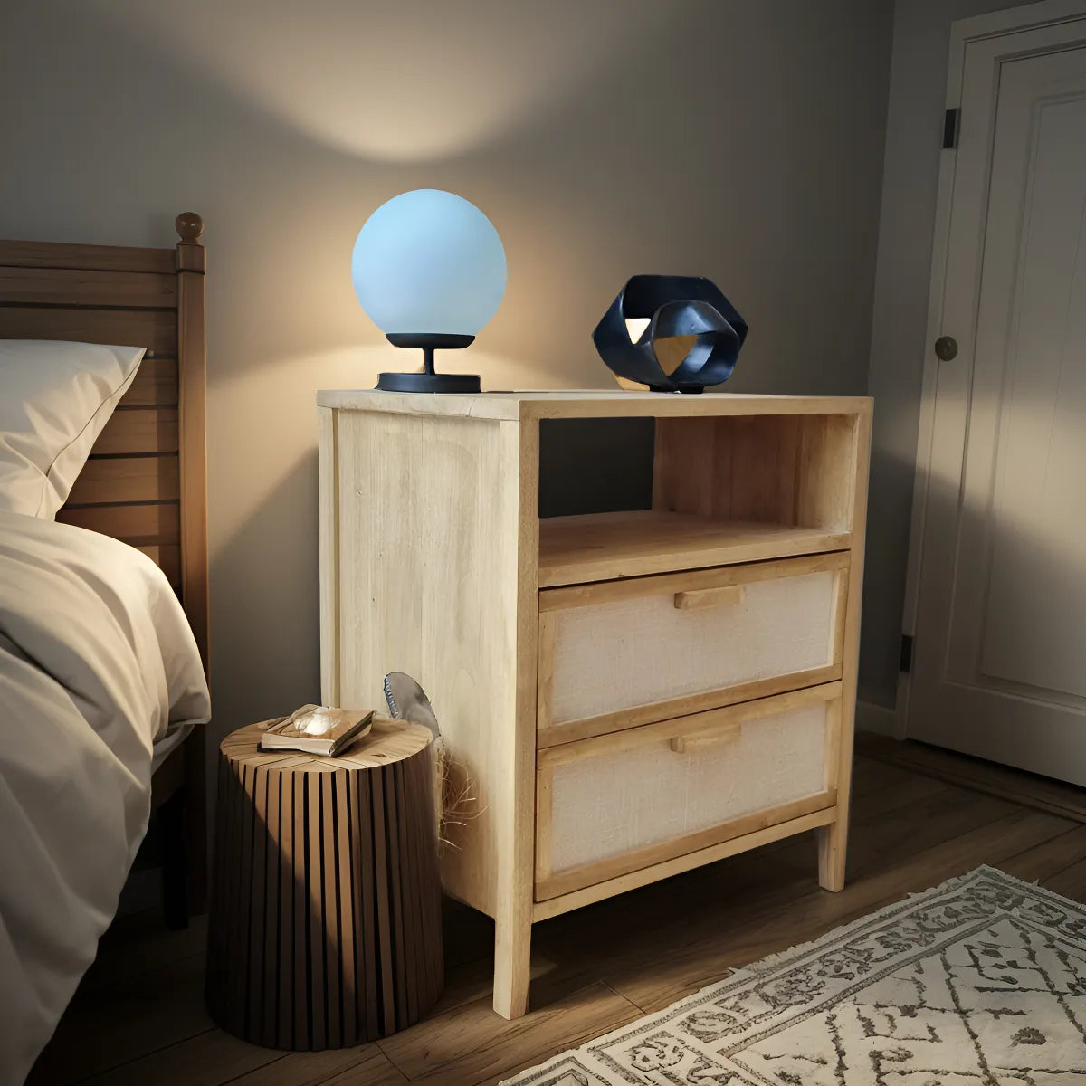 Mesa De Luz Madera Nordica Moderna Color Petiribi 2 Cajones