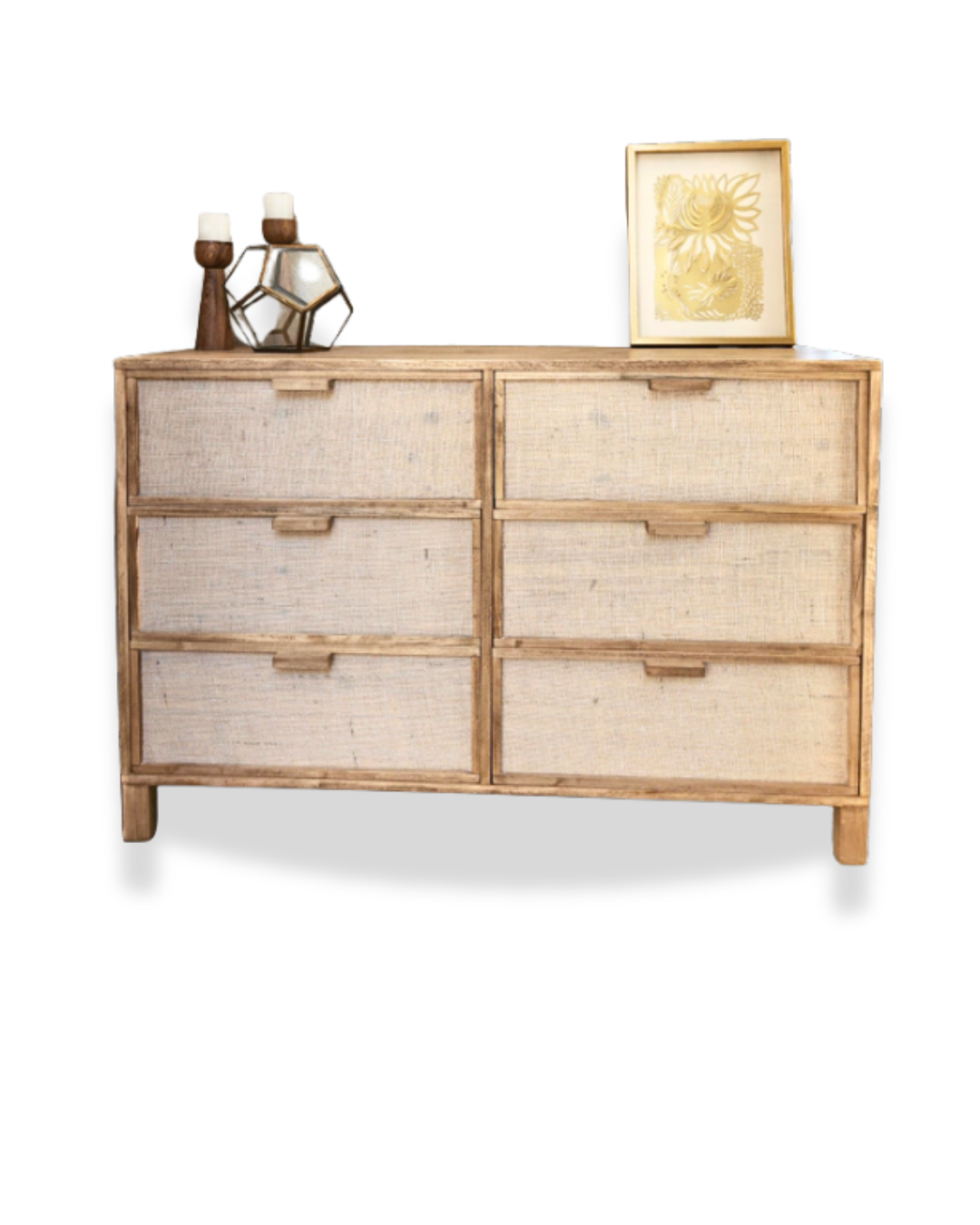 Comoda Aparador De Madera Y Fibras Naturales 6 Cajones
