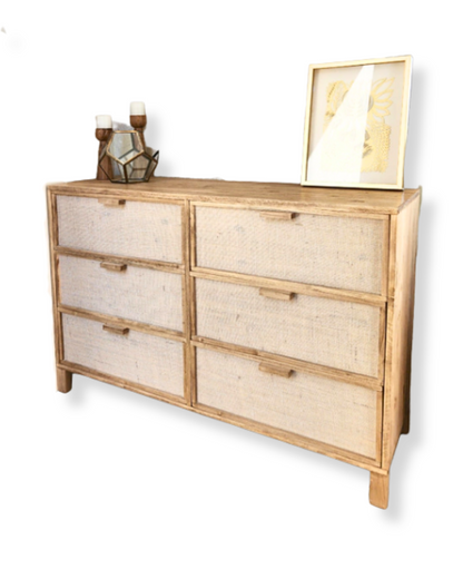 Comoda Aparador De Madera Y Fibras Naturales 6 Cajones
