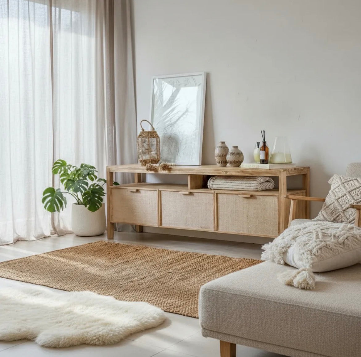 Mueble Rack para TV en Madera Álamo Macizo Fibra Natural