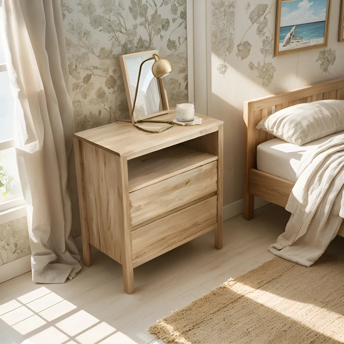 Mesa De Luz Mesita Alamo Macizo 2 Cajones 65x60x35 Nordico