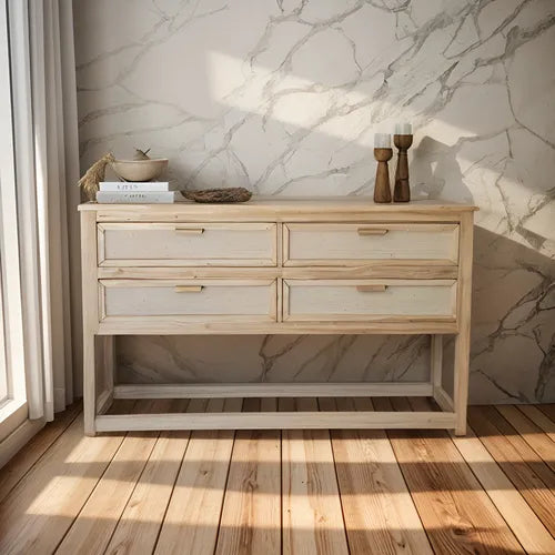 Comoda Cajonera Madera 4 Cajones Madera Y Fibras Naturales