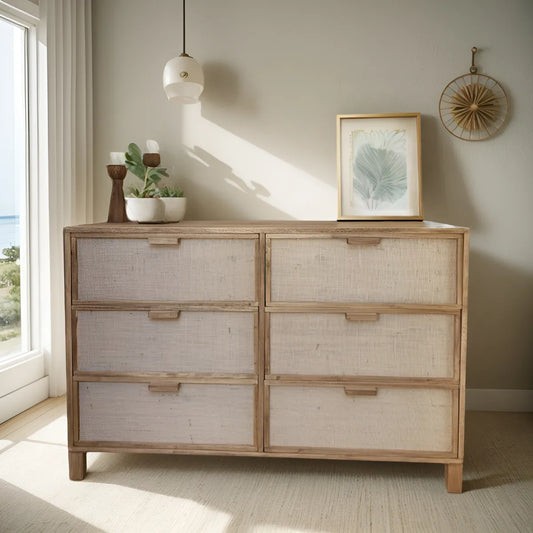 Comoda Aparador De Madera Y Fibras Naturales 6 Cajones