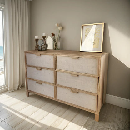 Comoda Aparador De Madera Y Fibras Naturales 6 Cajones