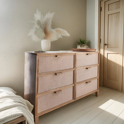 Comoda Aparador De Madera Y Fibras Naturales 6 Cajones